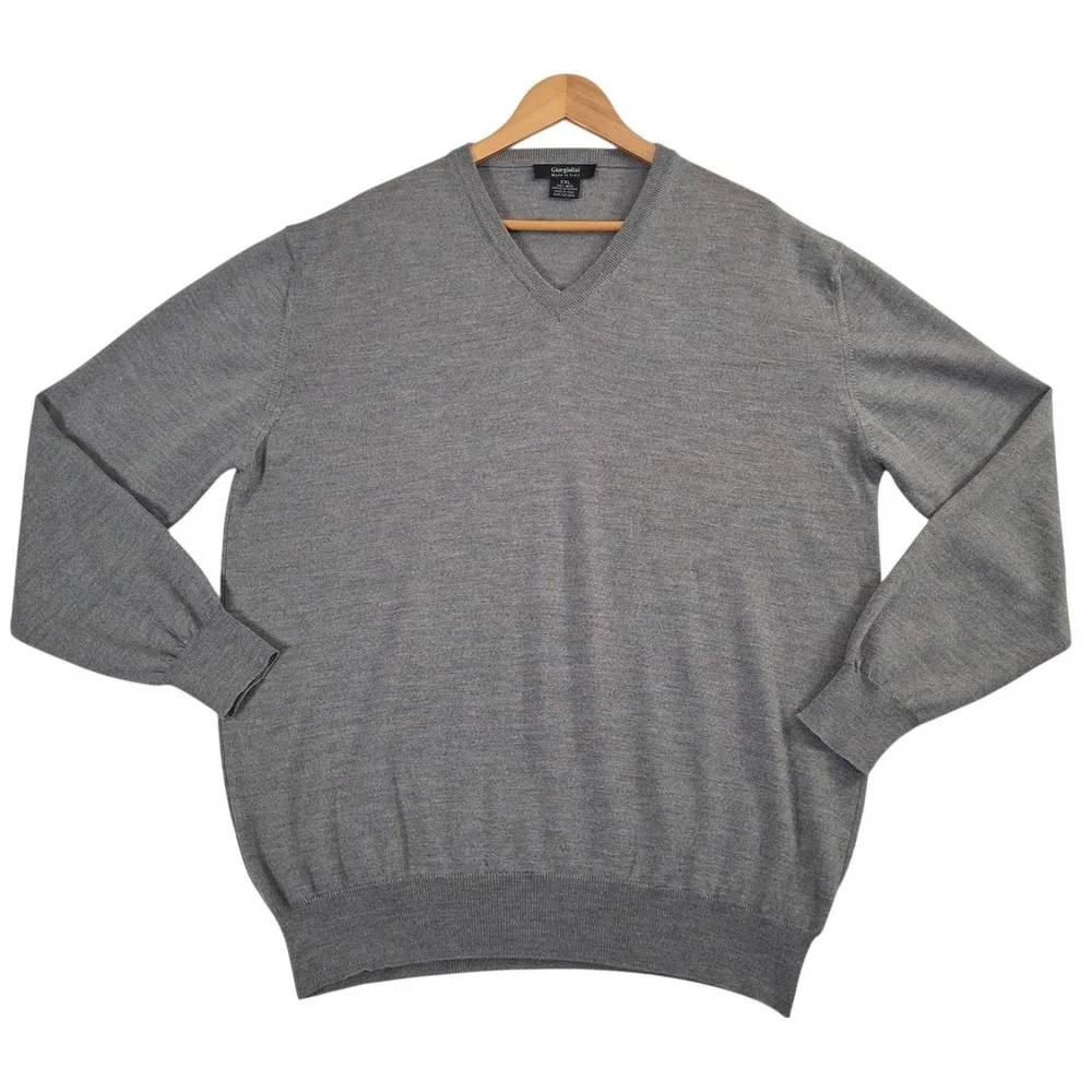 Giorgiolini V-Neck Sweater Mens XXL Gray 100% Extra fine Merino Wool Made Italy